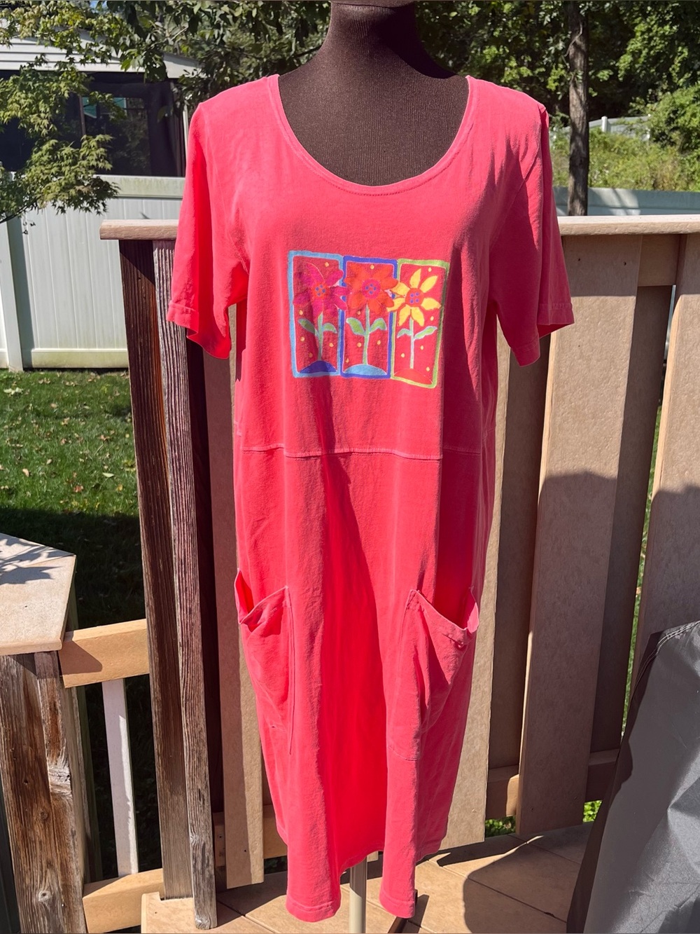 Vtg Fresh Produce Pink Floral Graphic Print Midi Dress Pockets XL Beach Coastal